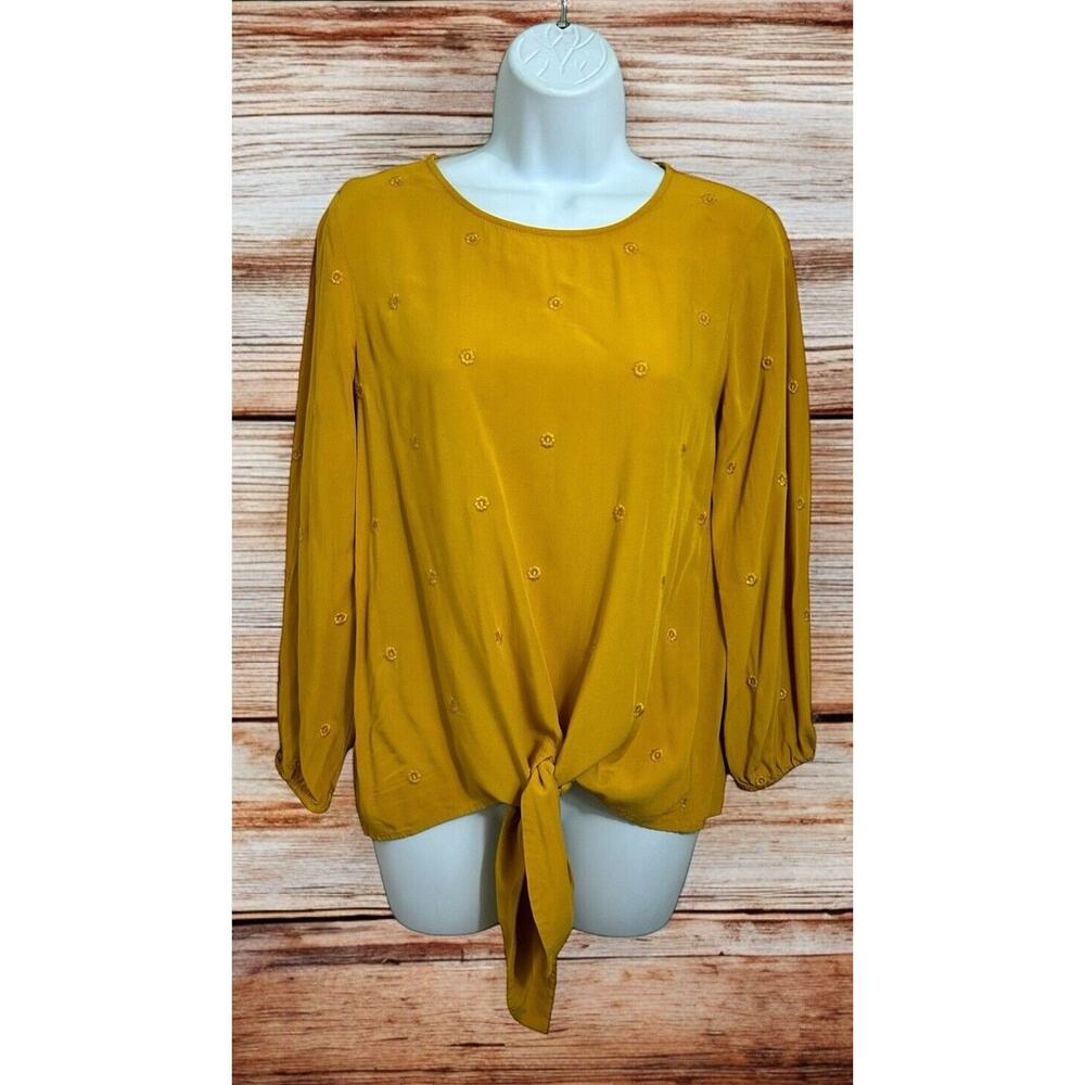 LOFT Blouse Sz XS Mustard Yellow Cuffed Long-Sleeve Top Embroidered Floral Gold